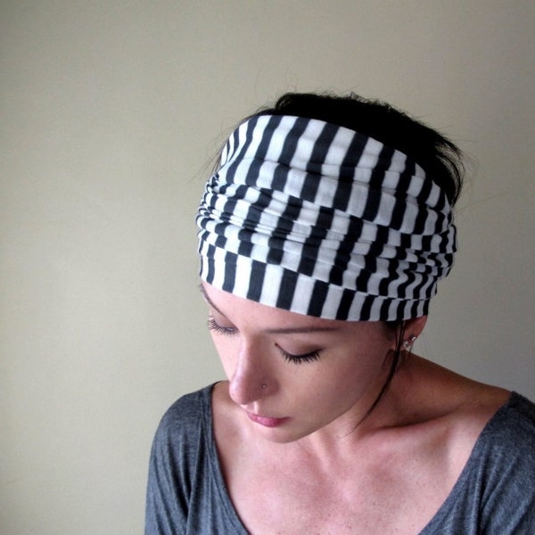 Striped Head Scarf  - Womens Neck Bow, Ascot - Cotton Jersey Hair Wrap, Headband - Gray White Stripes - Hair Accessory