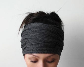 WAFFLE KNIT Headscarf, Handmade Headband Scarf, Long Knit Headwrap, Ecoshag Dark Gray Head Scarf
