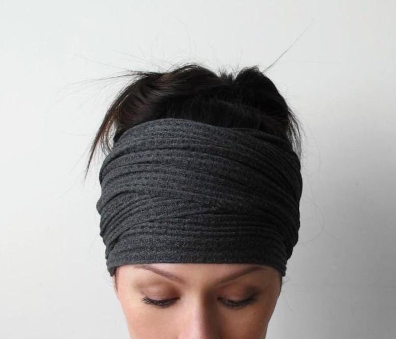 a handmade, charcoal gray waffle knit head scarf by ecoshag