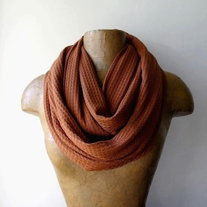 RUST Infinity Scarf, EcoShag Waffle Knit Circle Scarf, Dark Burnt Orange Sweater Knit Loop Scarf