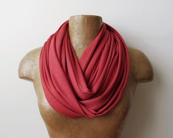 DARK SALMON Infinity Scarf, Handmade Ecoshag Circle Scarf, Lightweight Papaya Red Loop Scarf