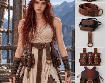 Viking Costume Accessories: Belt Set, Wrist Wraps & Headband for Warrior Cosplay and Halloween