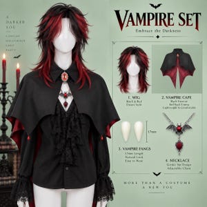 May include: A vampire set featuring a black and red layered wig, a black cape with red lining, a black shirt with lace ruffles and cuffs, a silver bat necklace with a red stone, and 17mm vampire fangs. The set includes text labels for each item.