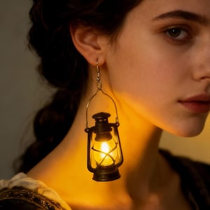 May include: A single earring shaped like a miniature lantern, with a warm, glowing light inside. The lantern is black with a silver handle and is suspended from a silver hook. The earring is worn on a person's ear.