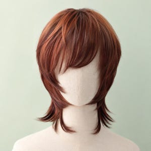 May include: A short, layered wig in a vibrant reddish-brown color with a shaggy, textured cut. The hair features wispy bangs that frame the forehead and longer, tapered strands that extend toward the neck, styled with a natural, voluminous look.