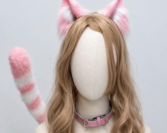 Pink Cat Ears Tail Collar Set, Kawaii Faux Fur Cat Costume Accessories