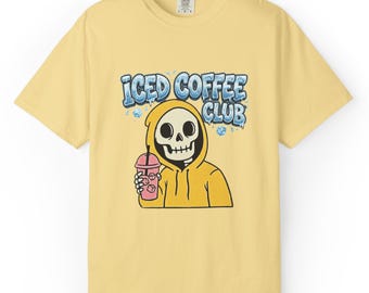 Sudadera con capucha y estampado de calavera del Club del Café Helado / Camiseta divertida con estampado de esqueleto de café / Regalo para baristas / Ropa urbana de cafetería / Regalo para amantes del café frío