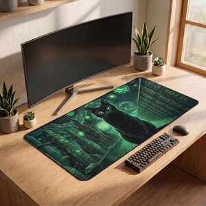 Cybersecurity Cat Desk Mat| Tech Support Mouse Pad| Desk Setup Gift| IT Support Work Vibe| Green Matrix Aesthetic Black| Cat Desk Mat