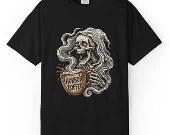 Camiseta de calavera de café de terror / Camiseta gráfica de esqueleto divertida / Regalo unisex gótico para amantes del café
