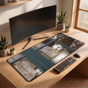 White Cat Desk Mat| Cottage core Aesthetic Mouse Pad| Cozy Window Cat Desk Mat| Cute Cat Lover Gift| Computer Desk Setup| Home Office Decor