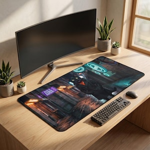 May include: A rectangular desk mat featuring a cyberpunk-themed illustration of a black cat in a futuristic alleyway. The mat has neon signs and a keyboard and mouse are visible.