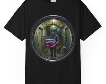 Camiseta de repartidor de pizza alienígena / Camiseta divertida de pizza OVNI / Camiseta alienígena de Halloween / Camiseta de terror de ciencia ficción / Camiseta espacial retro / Regalo unisex de Halloween