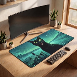 Funny Tech Support Cat Desk Mat| Programmer Mouse Pad| Black Cat Aesthetic Desk Setup| Coding Workspace| Developer Accessories
