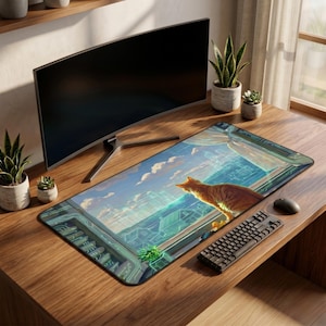 Ginger Cat Window View Desk Mat | Aesthetic Cat Desk Mat| Tech Workspace Mouse Pad| Cozy Programmer Desk Setup| Cat Lover Gift