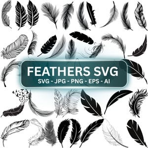 May include: A collection of black and white feather illustrations in various shapes and styles. The image includes the text "FEATHERS SVG" along with file type options: SVG, JPG, PNG, EPS, and AI. The feathers are arranged on a white background.