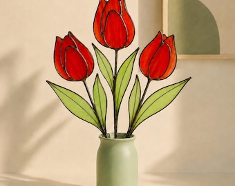 Stained Glass Red Tulip Bouquet - Handmade Spring Floral Decor - Gift For Mom