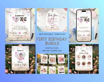 May include: A digital first birthday bundle with self-editable templates. The design includes invitations, thank you tags, and a phone screen mockup, all featuring floral accents and a photo of a baby. The text reads "Blooming into One" and "Mira's first birthday!"