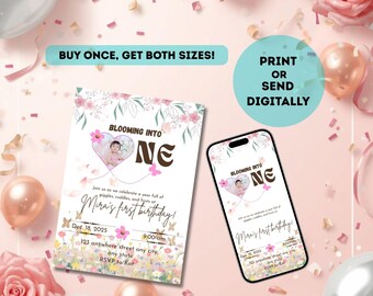 May include: A digital invitation for a first birthday, featuring the text "Blooming Into One." The design includes a photo, floral accents, and event details. The invitation is shown on paper and a smartphone.
