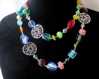 Murano glass necklace Viva la Vida.Lampwork beads. Handcrafted glass beads.Silver filigree. Original and unique. Multicolored.Long necklace