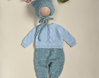 Dzianinowy ubranko dla noworodka, chłopca i dziewczynki, na powrót do domu (0-2 miesiące) | Sweter, spodnie i czapeczka z misiem