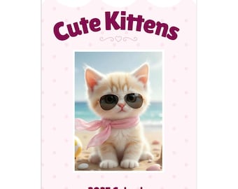 May include: A 2027 wall calendar with a light pink background featuring white polka dots. The top text reads Cute Kittens and the bottom text reads 2027 Calendar. The center image shows a cream-colored kitten wearing sunglasses and a pink scarf.