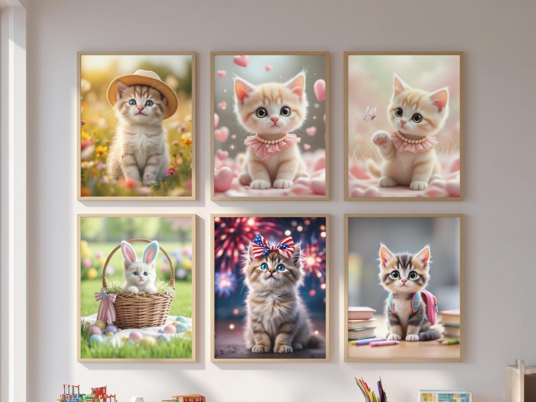 Printable Cat Wall Art - Set of 6 Whimsical Kitten Prints, Cat Lover ...