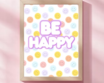 Girls Room Wall Art "Be Happy" Print, Kids Playroom Decor, Smiley Face Positive Quote Poster, Pastel Happy Aesthetic