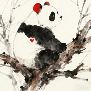 May include: Watercolor painting of a panda bear perched on a tree branch. The panda has black and white fur with red accents on its ears and a red heart on its chest. The artwork is done in a traditional Asian style.