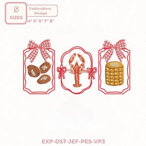Puede incluir: Diseño de bordado con tres ilustraciones de alimentos: patatas, una langosta y mazorcas de maíz, cada una dentro de un marco rojo y rematada con un lazo de cuadros. El diseño incluye opciones de tamaño de 10 cm a 20 cm.