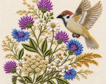 Wildflower Sparrow Embroidery Design, Botanical Floral Machine File (Digital Download)