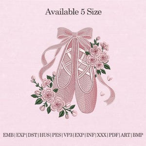 Pink Ballet Shoes Embroidery Design with Floral Bow, Elegant Pointe Shoes with Cherry Blossom Flowers, Ballerina Dance Embroidery File