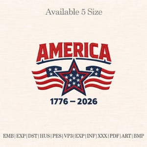 May include: A patriotic design with the word "AMERICA" in red, above a blue banner. A central blue star with white stars is flanked by two waving American flags. The text "1776-2026" is below the star.