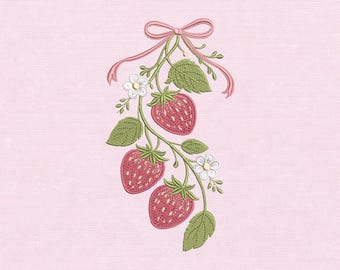 Erdbeere Stickdatei mit Blumenranke und Schleife, Maschinenstickmuster, Vintage Garten Stickdatei