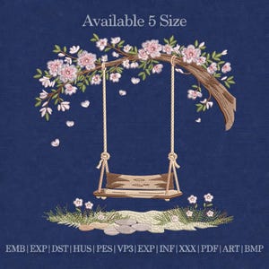 Cherry Blossom Swing Embroidery Design, Sakura Tree Swing Art, Spring Garden Decor, Japanese Style Floral Patch
