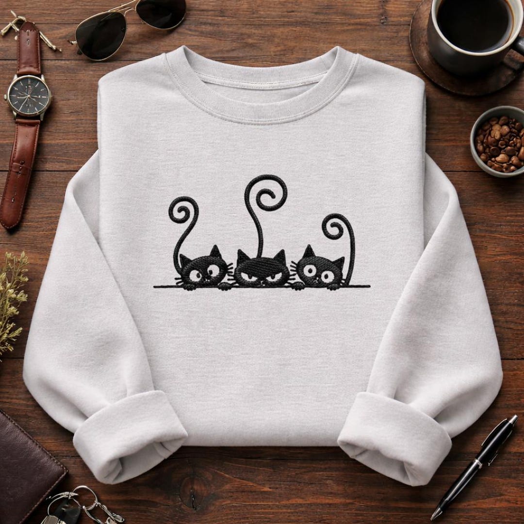 Minimalist Black Cat Embroidery Design, Cute Triple Cat Line Art ...