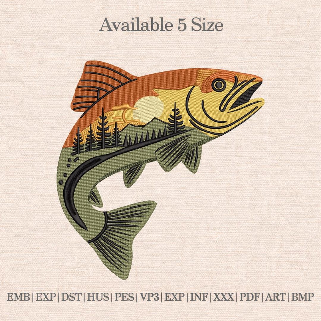 Bass Fish Embroidery Design, Fishing Landscape Embroidery File, Lake ...
