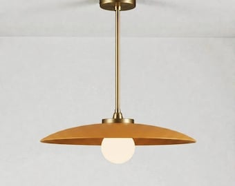 Mid Century Modern Brass Pendant Light, Orange Dome Shade Hanging Lamp