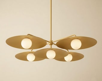 Messing Sputnik Kronleuchter: 5-flammige Milchglas Globe Deckenleuchte