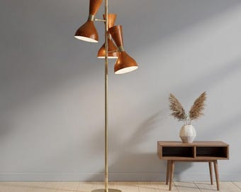 Brass Mid-Century Handmade Modern Floor Lamp: Triple Cone Shade Standing Lamp