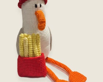 Crochet Seagull Plush with Chips, Amigurumi Seaside Ornament, Handmade