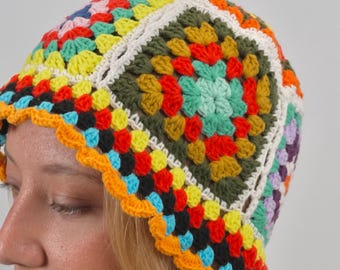 Granny Square Crochet Bucket Hat, Organic Cotton, Colourful Patchwork