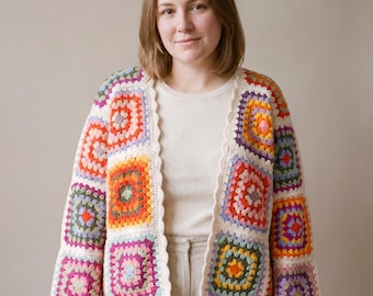 Cárdigan de ganchillo estilo abuela, patchwork de algodón, abertura frontal extragrande.