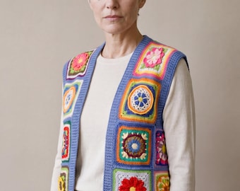 Floral Granny Square Crochet Vest, Organic Cotton, Sleeveless Open Front