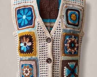 Floral Granny Square Crochet Vest, Cream Organic Cotton, Sleeveless