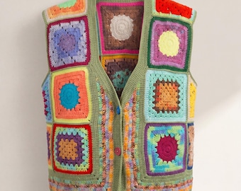 Granny Square Crochet Vest, Organic Cotton, Colourful Patchwork Sleeveless