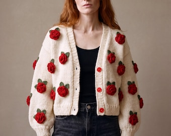 Red Rose Chunky Knit Cardigan, Cream Organic Cotton, Handmade Floral