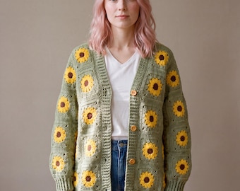 Sunflower Granny Square Crochet Cardigan, Sage Green Organic Cotton, Button Up