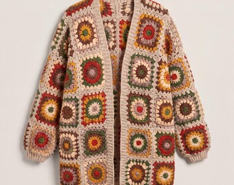 Granny Square Crochet Cardigan, Rust Mustard Organic Cotton, Sunburst Patchwork