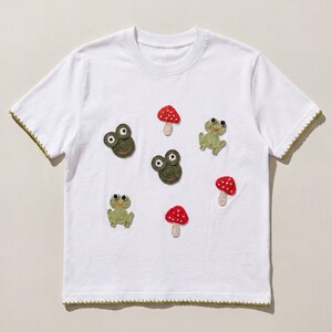 Frog Mushroom Crochet Applique T Shirt, Organic Cotton, Picot Trim