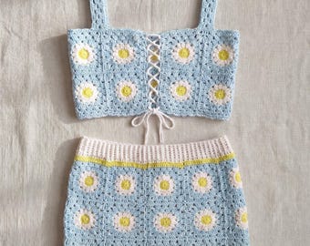 Baby Blue Daisy Crochet Set, Organic Cotton, Crop Top and Mini Skirt